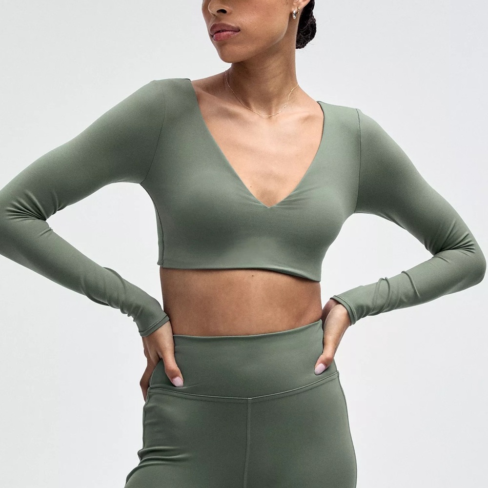 SOLD Lululemon v-neck everlux long sleeve bra top light support a/b grey eucalyp